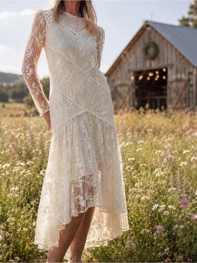 Romantic Boho Lace Wedding Dress / Ivory Sheer / Cottagecore Bridal Gown